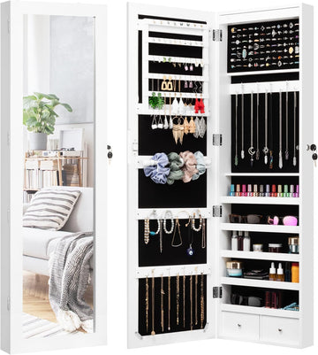 LED Light Jewelry Cabinet Armoire with Mirror, Large Storage 57" Tall Mirrored Armoire Box Necklace Ring 27 Hook