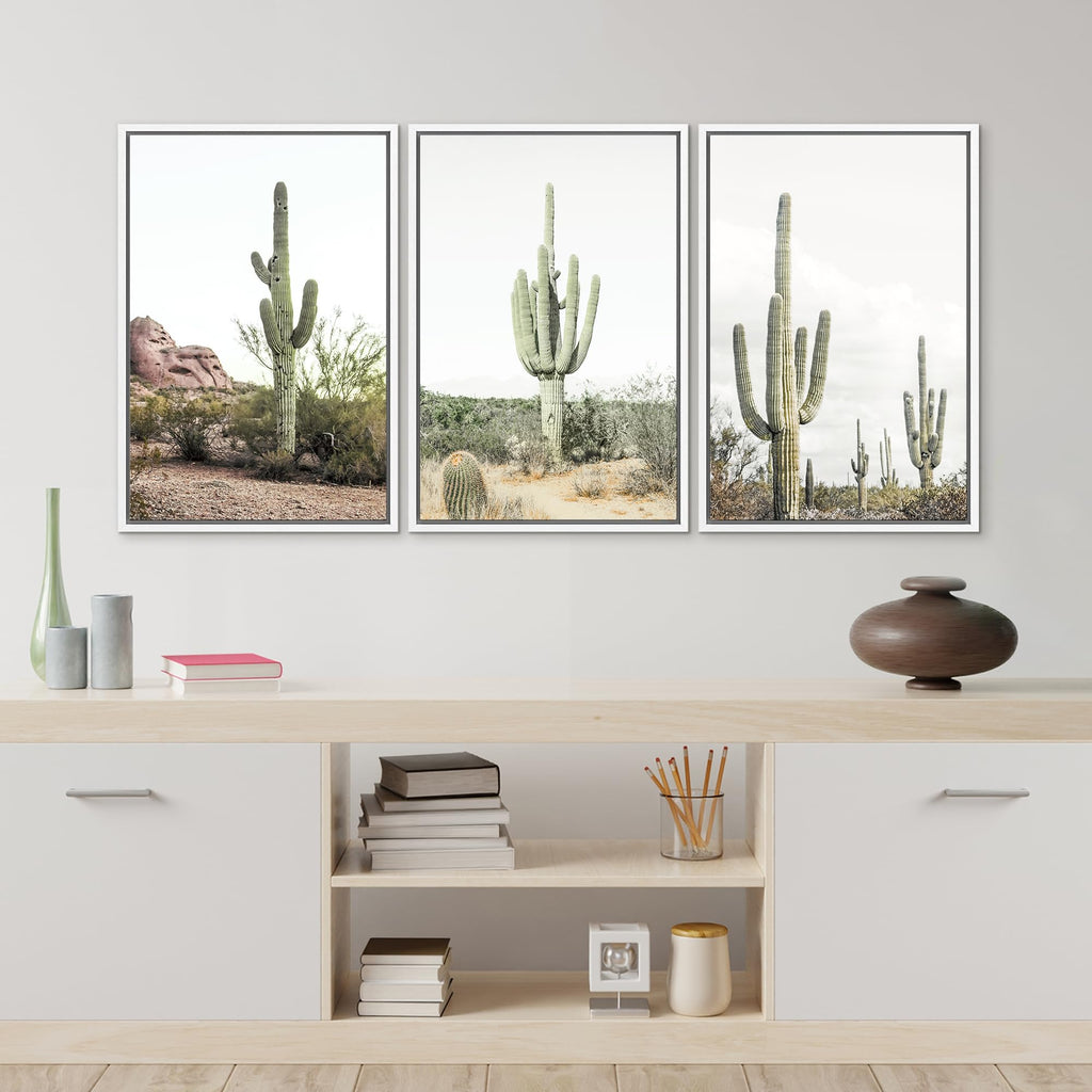 Framed Canvas Print Wall Art Desert Landscape, Southwest Cactus Desert Landscape, Cactus Print, Botanical Flower