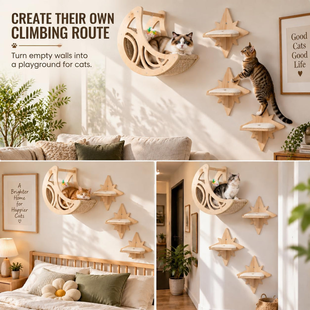 Cat Wall Shelves, Moon & Star Cat Shelves, Wooden Cat Wall Furniture