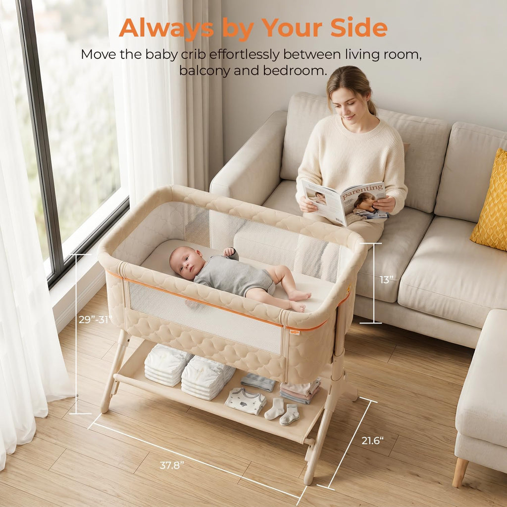Bedside Bassinet for Baby, 3-in-1 Foldable Travel Bassinet with Wheels, Portable Baby Bassinet Adjustable Height