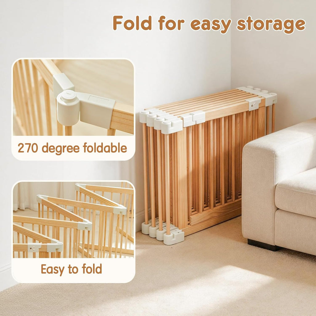 Baby Playpen, Wooden Play Yard with Gate, Playpen for Babies and Toddlers, Baby Activity Center with Child-Proof