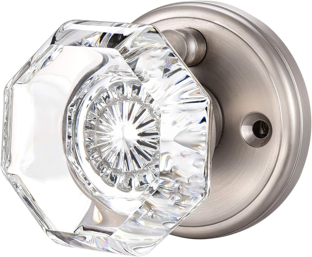 Crystal Glass Door Knobs Interior, Modern Bathroom Bedroom Door Knobs with Lock Privacy Function, Satin Nickel