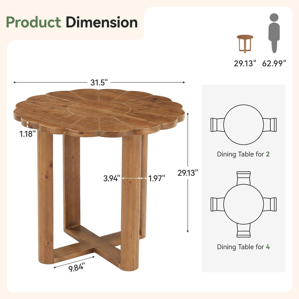 31.5-Inch Solid Wood Round Dining Table for 2-4, Small Farmhouse Kitchen Table with Carved Petal Pattern, Wooden