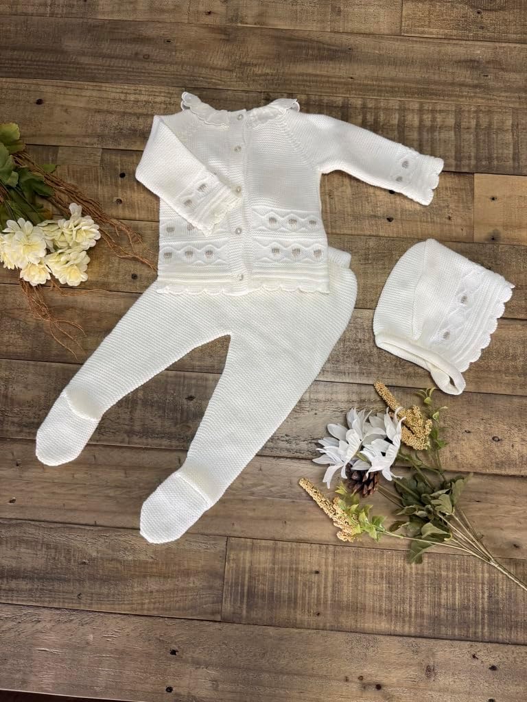 Piece Baby Long Sleeve Sweater Pants Hat Set Boys Girls Newborn Knitted Coming Home Outfit - Made in Spain