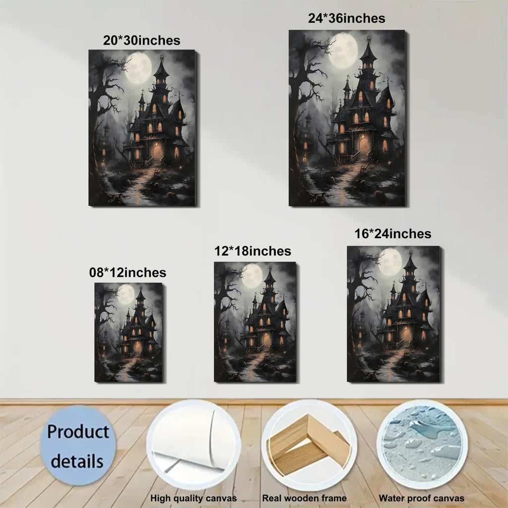 Vintage Dracula's Castle on Moonlit Night Canvas Art, Halloween Print, Horror Dark Academia Decor Pictures, Framed