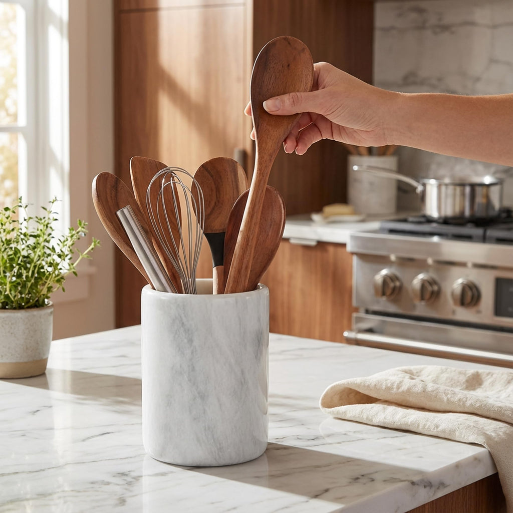 Marble Utensil Holder Kitchen Counter, 6.5 Inch Spoon Crock