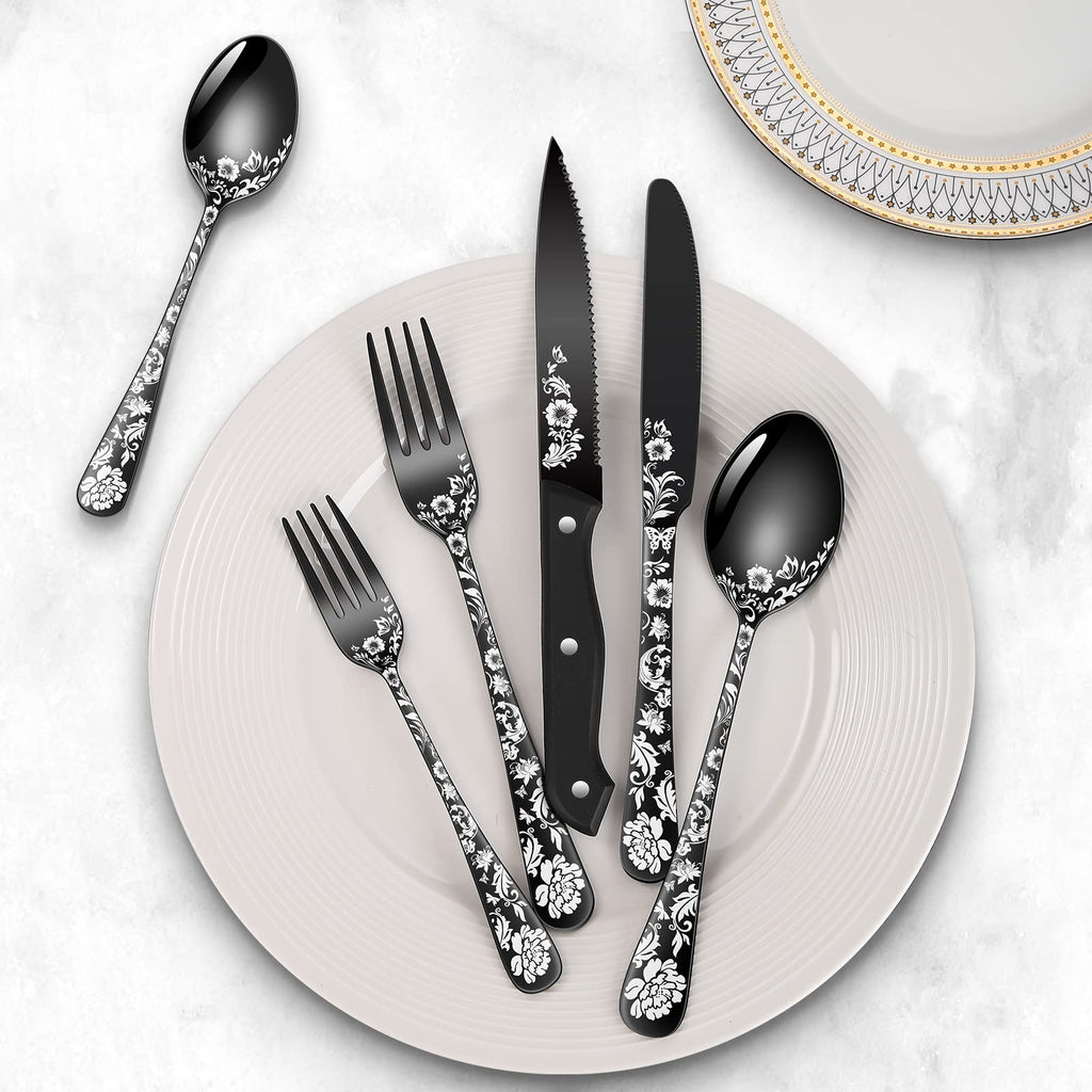 24-Piece Black Silverware Set with Steak Knife, Black Flatware Sets for 4, Stainless Steel Cutlery Set Includes Forks