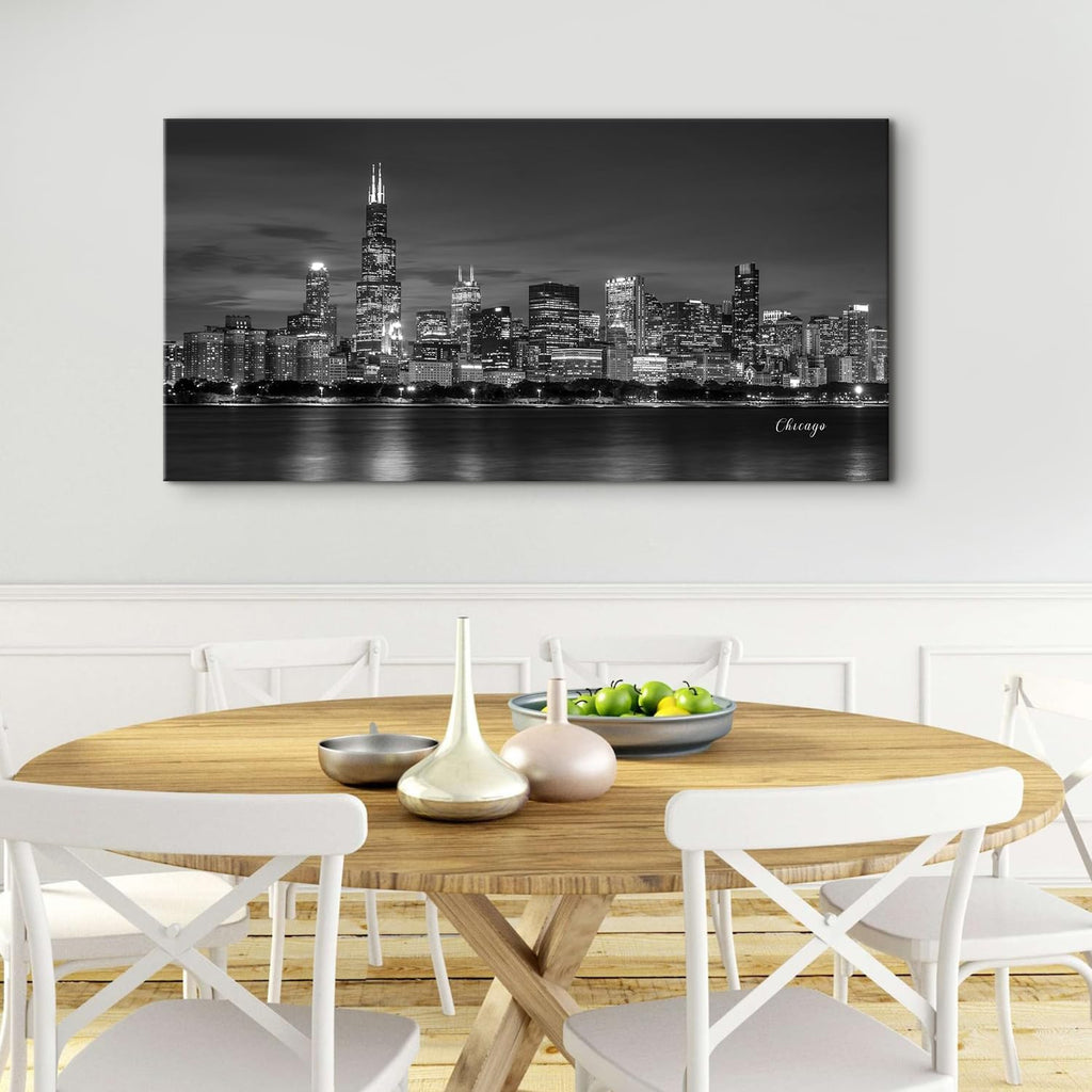 Chicago Skyline Wall Black and White City Canvas Prints Modern Cityscape Painting Posters Chicago City Center Night