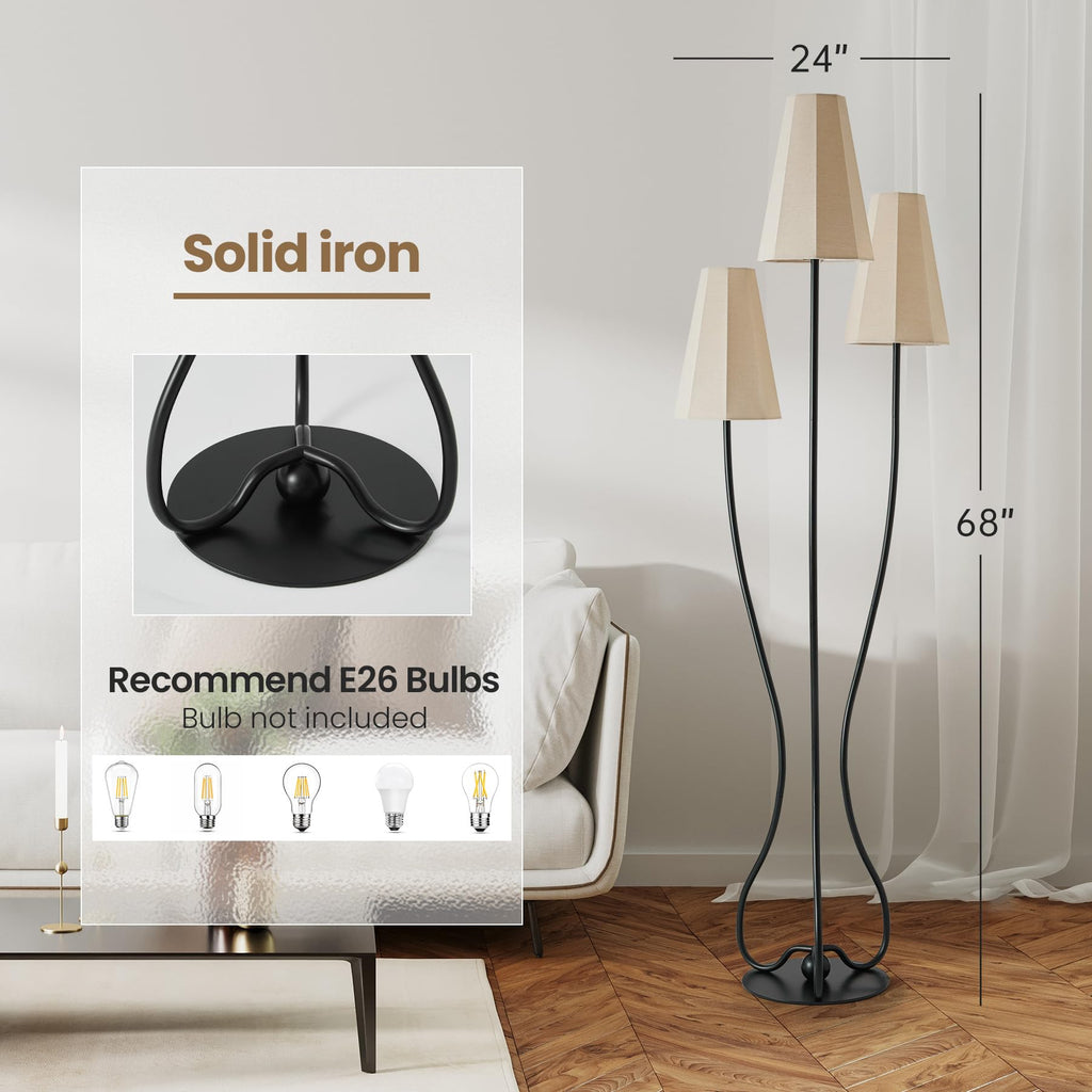 Artistic Vintage Floor Lamp, 3-Light Standing Lamps with Sculptural Curved Iron Base & Octagonal Linen Shades