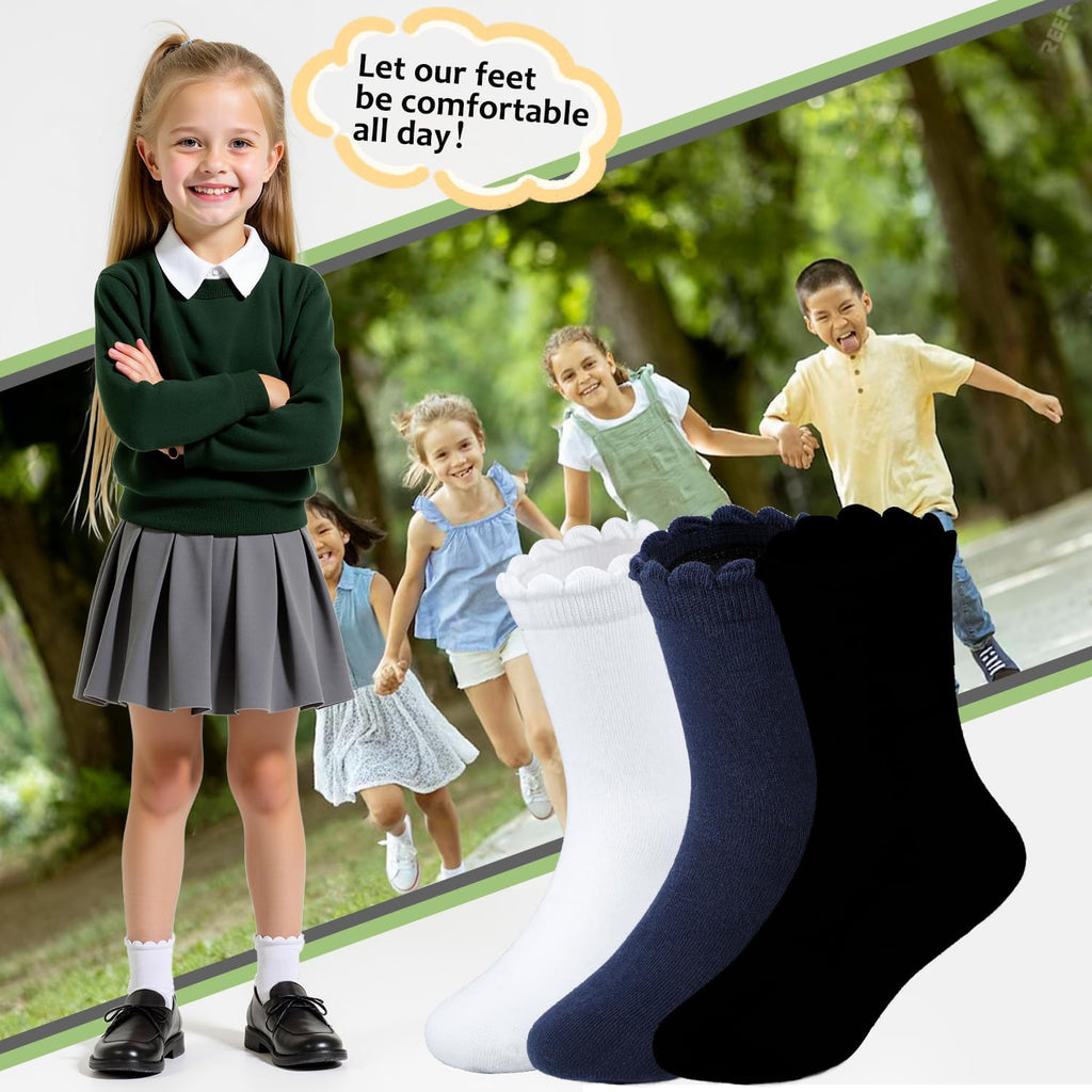 6 Pairs Cotton Girls Socks Ruffle Kids Crew Ankle School Uniform