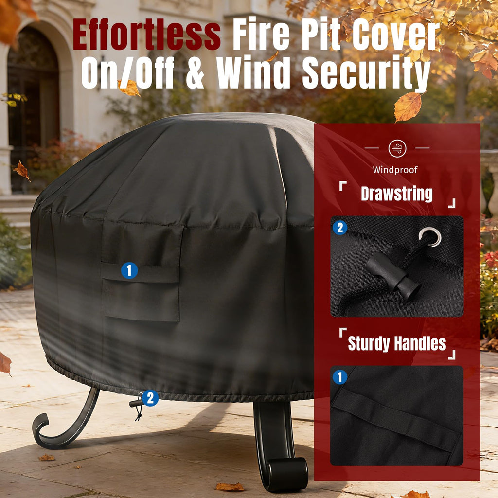 Fire Pit Cover Round, Fits for 32-36 Inch Fire Pit Table, 600D Heavy Duty Fabric, Waterproof and Windproof, 36" D x