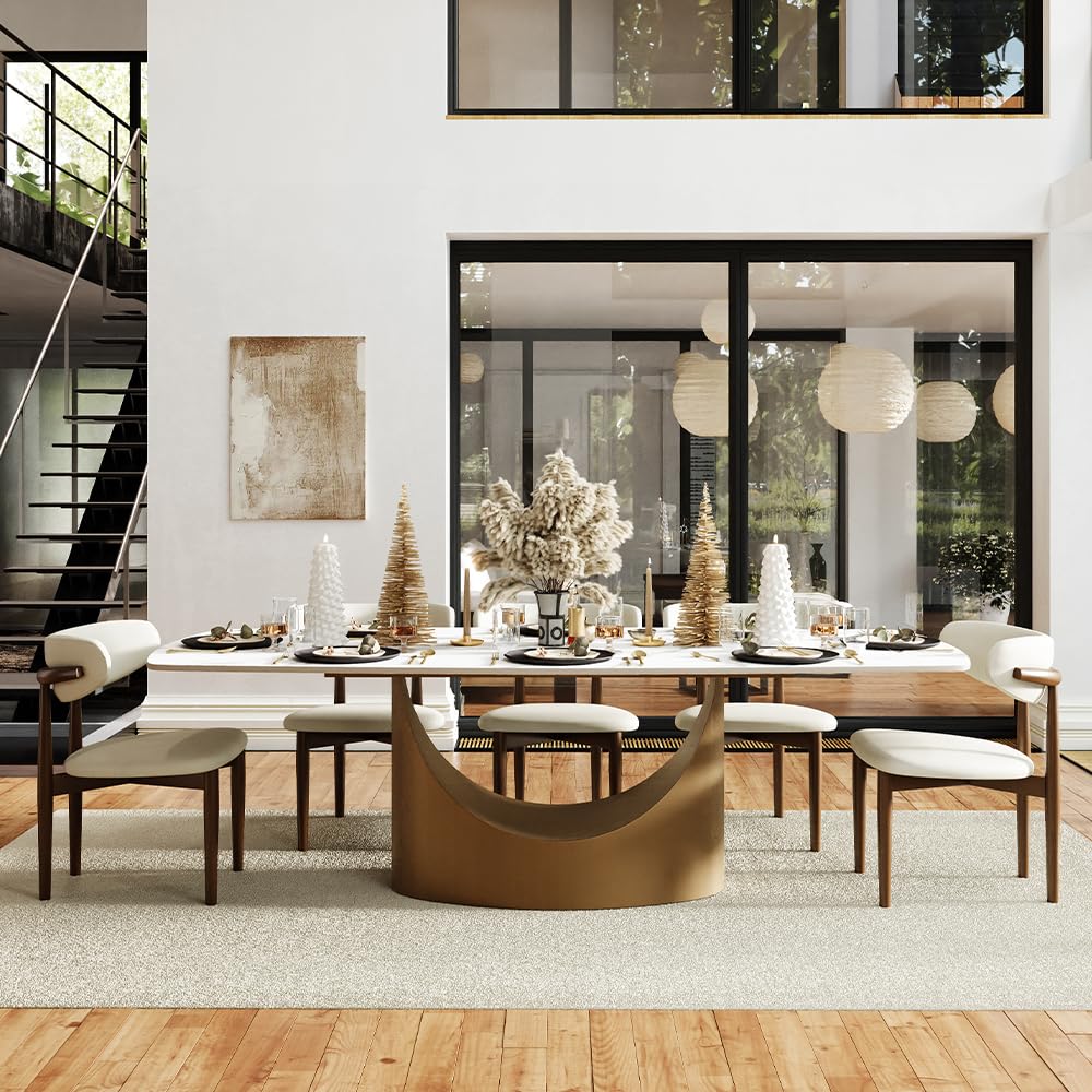 94" Modern Dining Table for 8-10, Hobart Matte White Dining Room Table, Sintered Stone Tabletop with Bronze Carbon