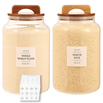 2 Pack Large Glass Flour and Sugar Containers with 132 Pantry Labels - 1 Gallon Glass Canisters with Bamboo Airtight