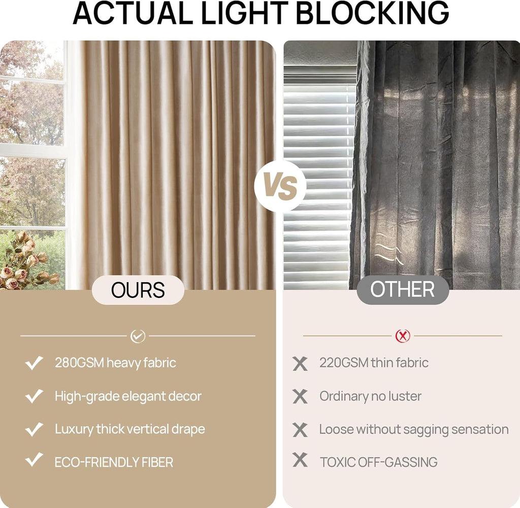 Beige Champagne Velvet Curtains 84 Inch: Pinch Pleated 2 Panels Luxury Living Room Darkening Thermal Insulated Drape
