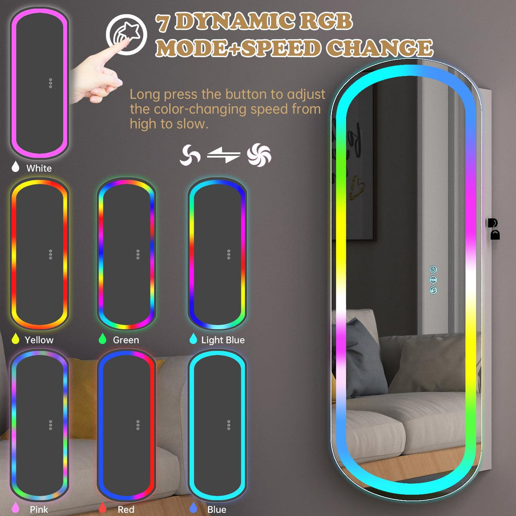 LED Jewelry Cabinet Wall/Door Mounted, RGB Lighted Mirror Jewelry Armoire Organizer Over the Door Full-Length Lockable
