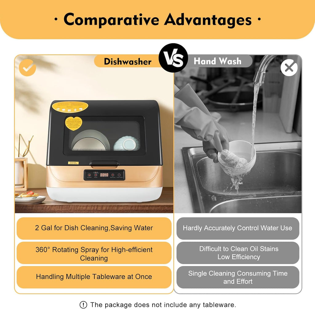 Portable Countertop Dishwasher, Compact Dishwasher Residual Temperature Drying & Air-cooled Drying with 3 Washing
