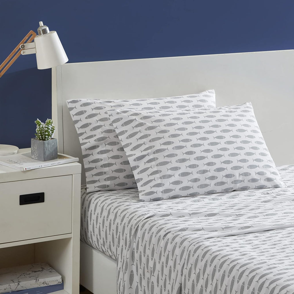 Queen Sheets, Cotton Percale Bedding Set, Crisp & Cool, Coastal Home Decor (Woodblock Fish Grey, Queen)