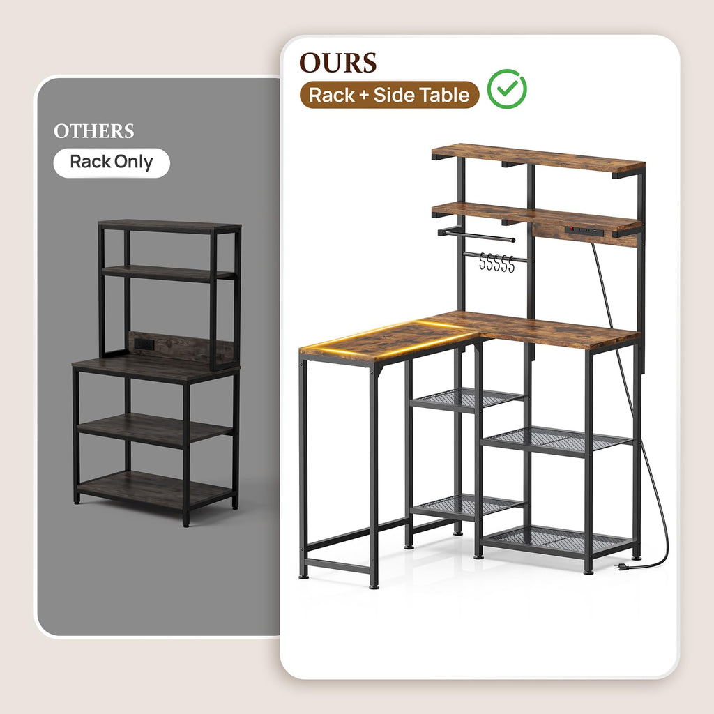 Bakers Rack with Side Table, 5-Tier Coffee Bar with Power Outlets