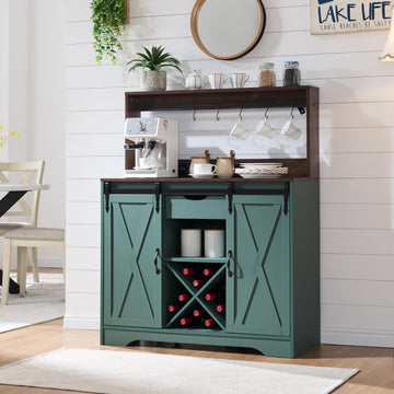 Farmhouse Coffee Bar Cabinet with Charging Station and USB, Green