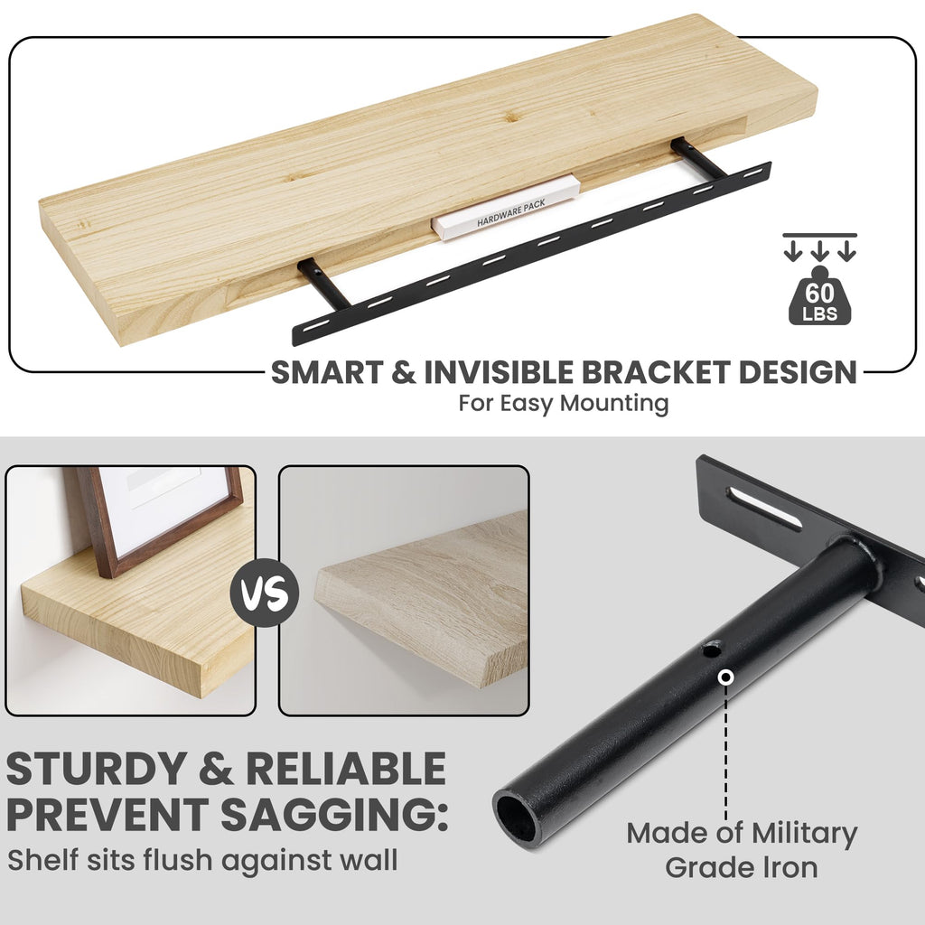 Solid Wood Floating Shelves For Wall, 36"W x 9"D x 1.56"H Large Wall Shelves Bedroom Bathroom Kitchen Drcor Storage