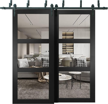 Lucia 2555 | Interior barn Bypass Sliding Doors with Clear Glass, Solid Wood, 72x80, Black, Modern S