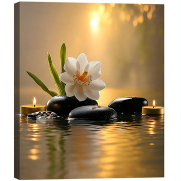 Framed Misty Warm Spa Still Life Canvas Wall Art, Water Surface Zen Stone Flower Canvas Prints Pictures, calm wall