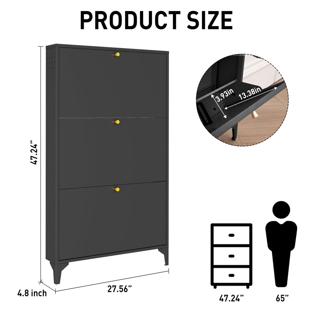 Shoe Cabinet with 3 Flip Drawers-Metal Narrow Shoe Rack -Hidden Metal Shoe Cabinet-Freestanding Shoe (3 Door, Black)