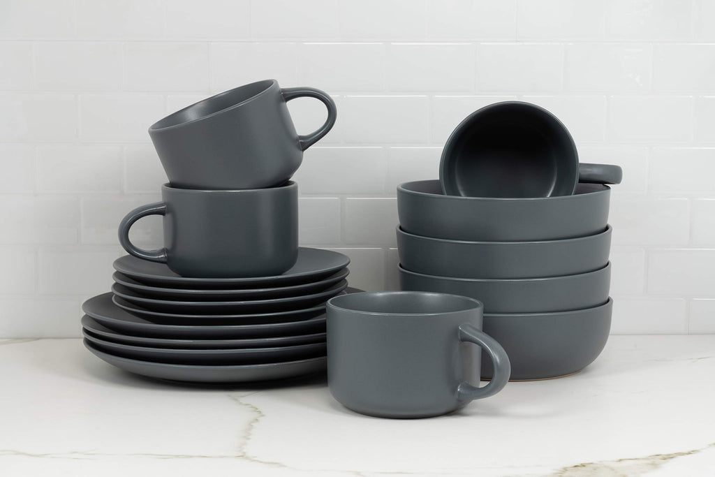 Wazee Matte Coupe Dinnerware Set, 16 pc, Charcoal Gray