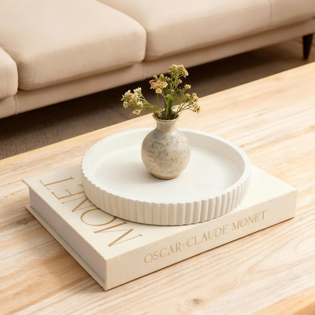 Decorative Concrete Tray & Book Set - Modern Scalloped Home Decor Tray & Linen Storage Box for Coffee Table