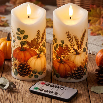 Fall Decor, Flameless Pumpkin Pillar Candles with Remote