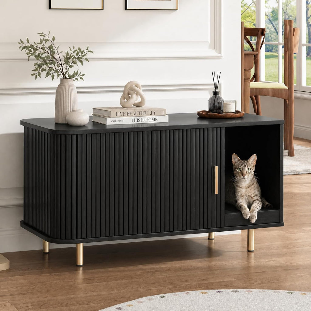 Cat Litter Box Enclosure with Scratch Pad, Sliding Door, 38.5" Cat Litter Furniture Hidden Litter Box Cabinet, Modern