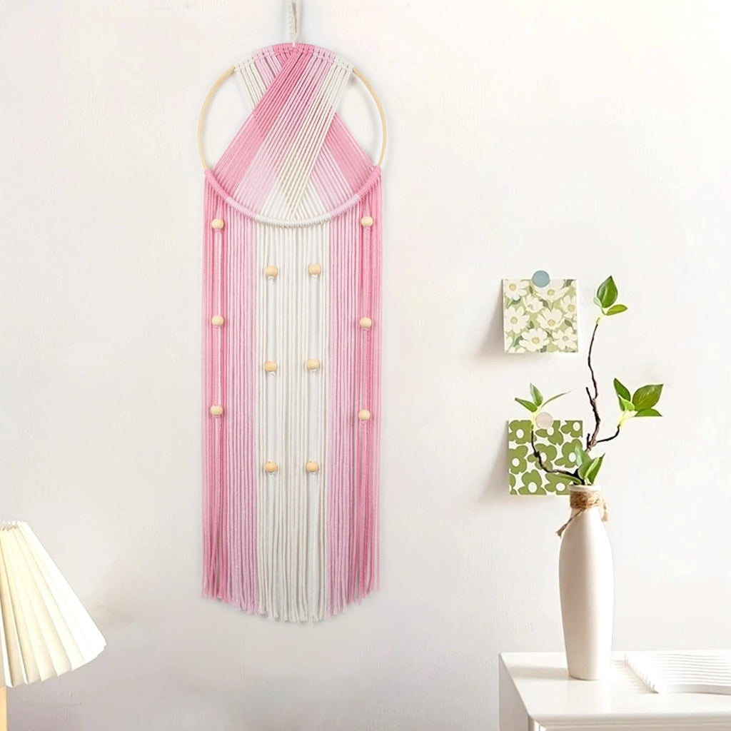 LB Boho Pink Macrame Wall Hanging Woven Cotton Tapestry Pink and White Wall Art with Wood beads Modern Aesthetic