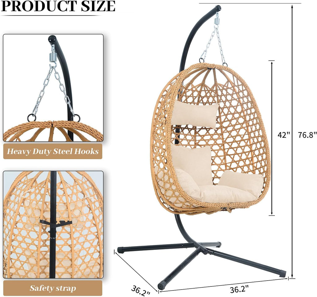 Hanging with Stand, 350LBS Capacity, Cream | HDPE rattan,Sturdy steel stand,Plush cushion,Easy