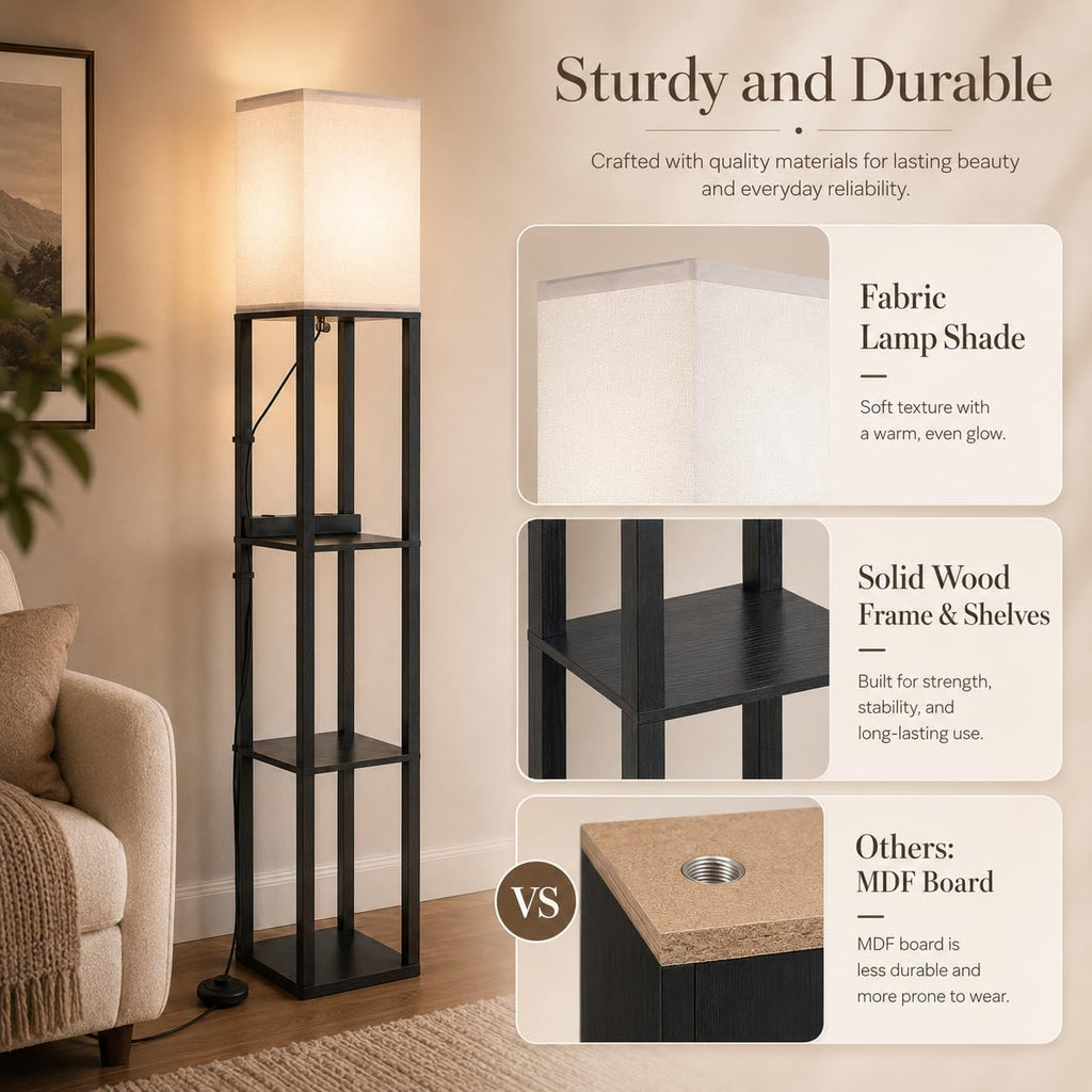 Solid Wood Floor Lamp with Shelves, Dimmable, Remote