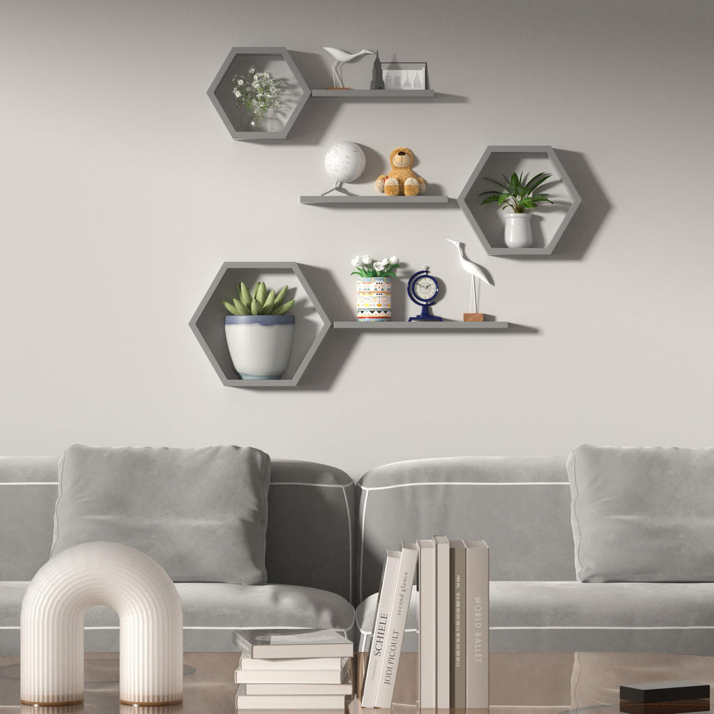 Hexagon Floating Geometric Honeycomb Shelves - Hexagon Floating Shelves Wall Mounted, Honeycomb Wall Shelves Set of