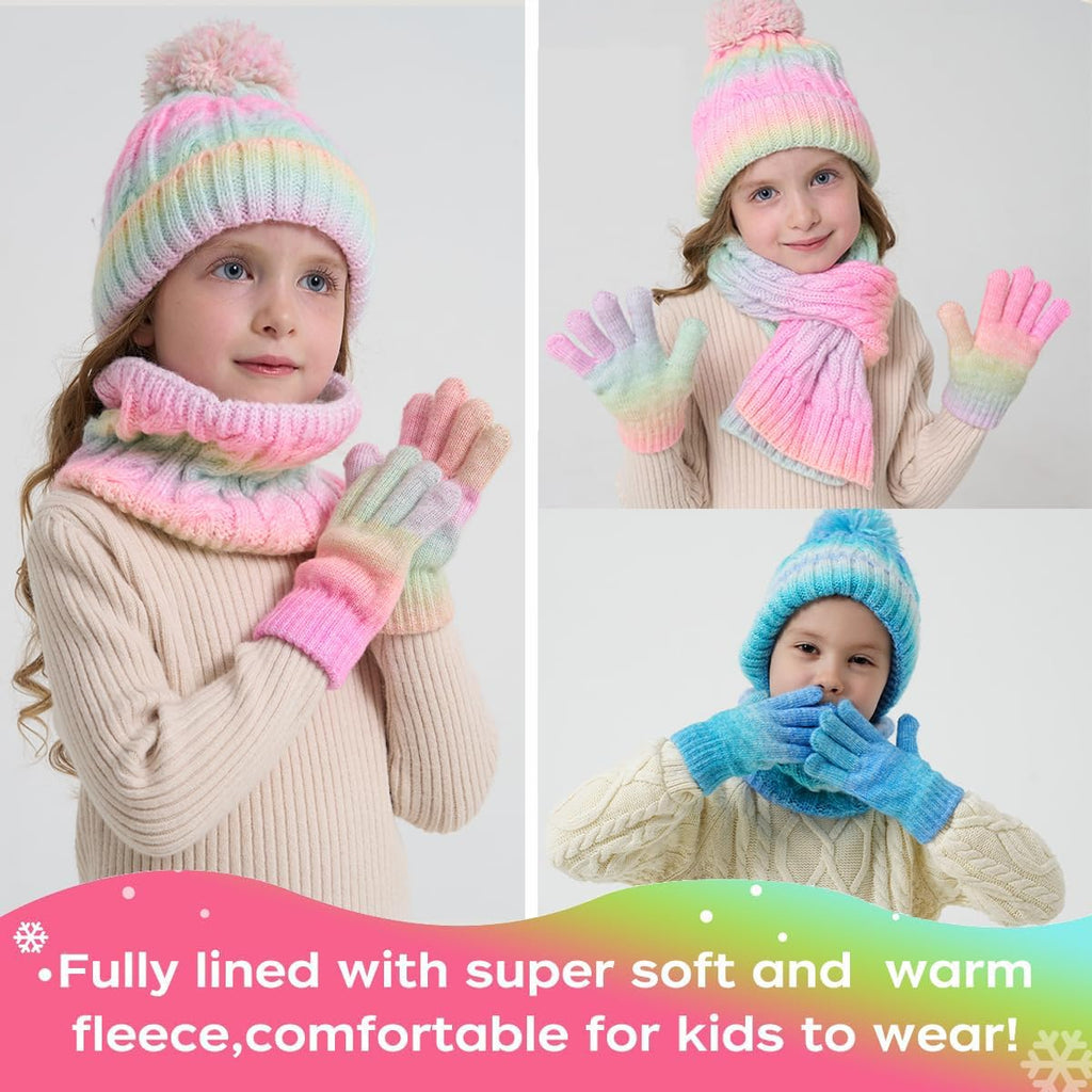 Toddler Kids Winter Hat Gloves Scarf Set for 2-7 Years, Warm Knit Boys Girls Hats Fleece Pompoms Beanies Neck Warmer
