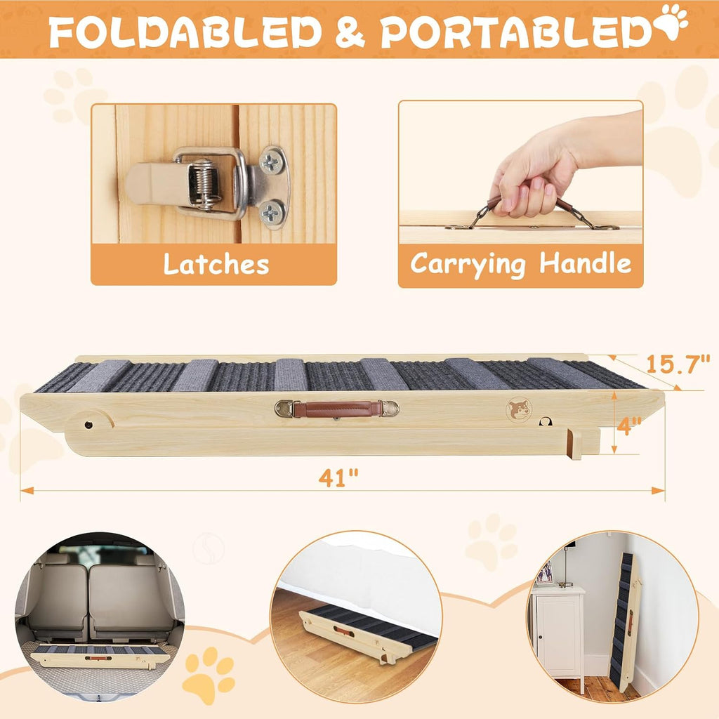 Dog Ramp for Bed, Folding Wooden Pet Ramp for Small Large Dogs Cats