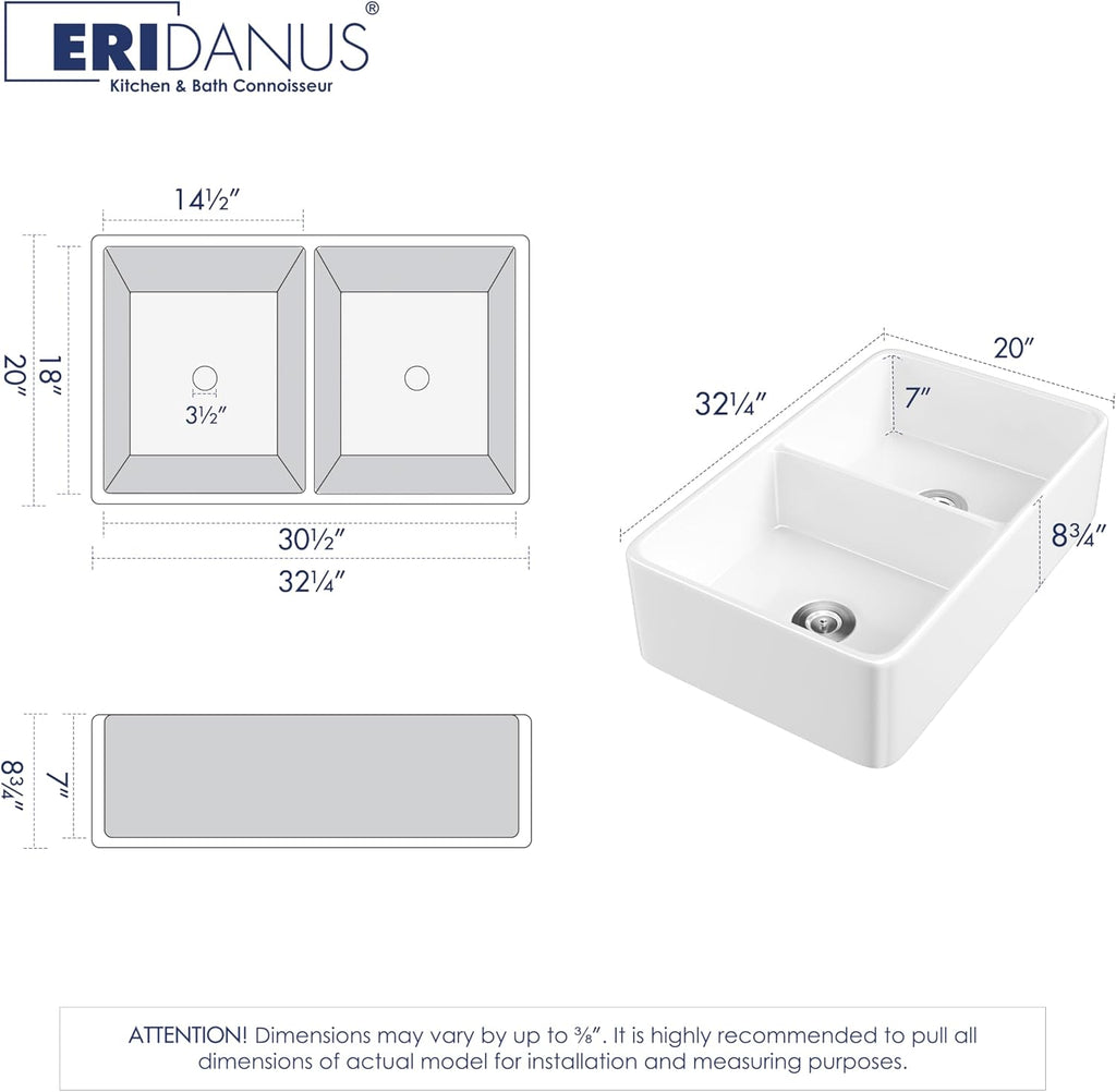 Farmhouse Sink 33x20 White Fireclay Deep Double Bowl Kitchen Sink | Smooth Glazed Surface, Easy to Clean, Apron Front