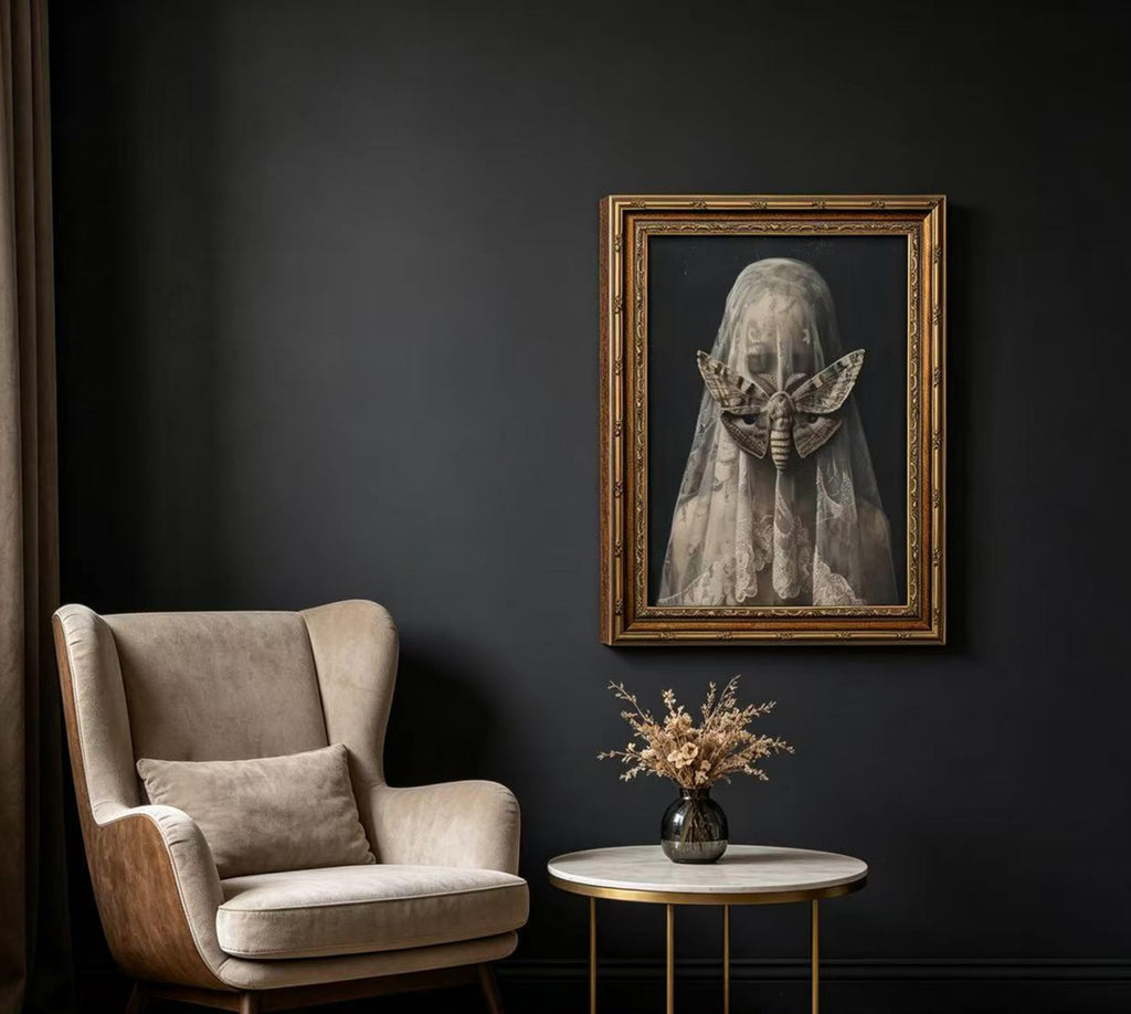 Vintage Gold Framed Death Moth Veiled Woman Wall Art, Gothic Surreal Canvas Print, Dark Academia Victorian Witchy