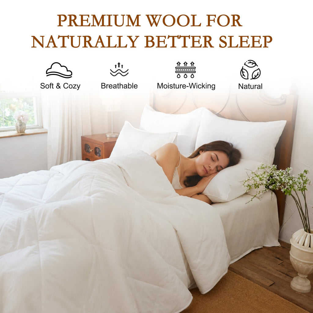 All Season Wool Comforter Twin Size, Cotton Shell, White