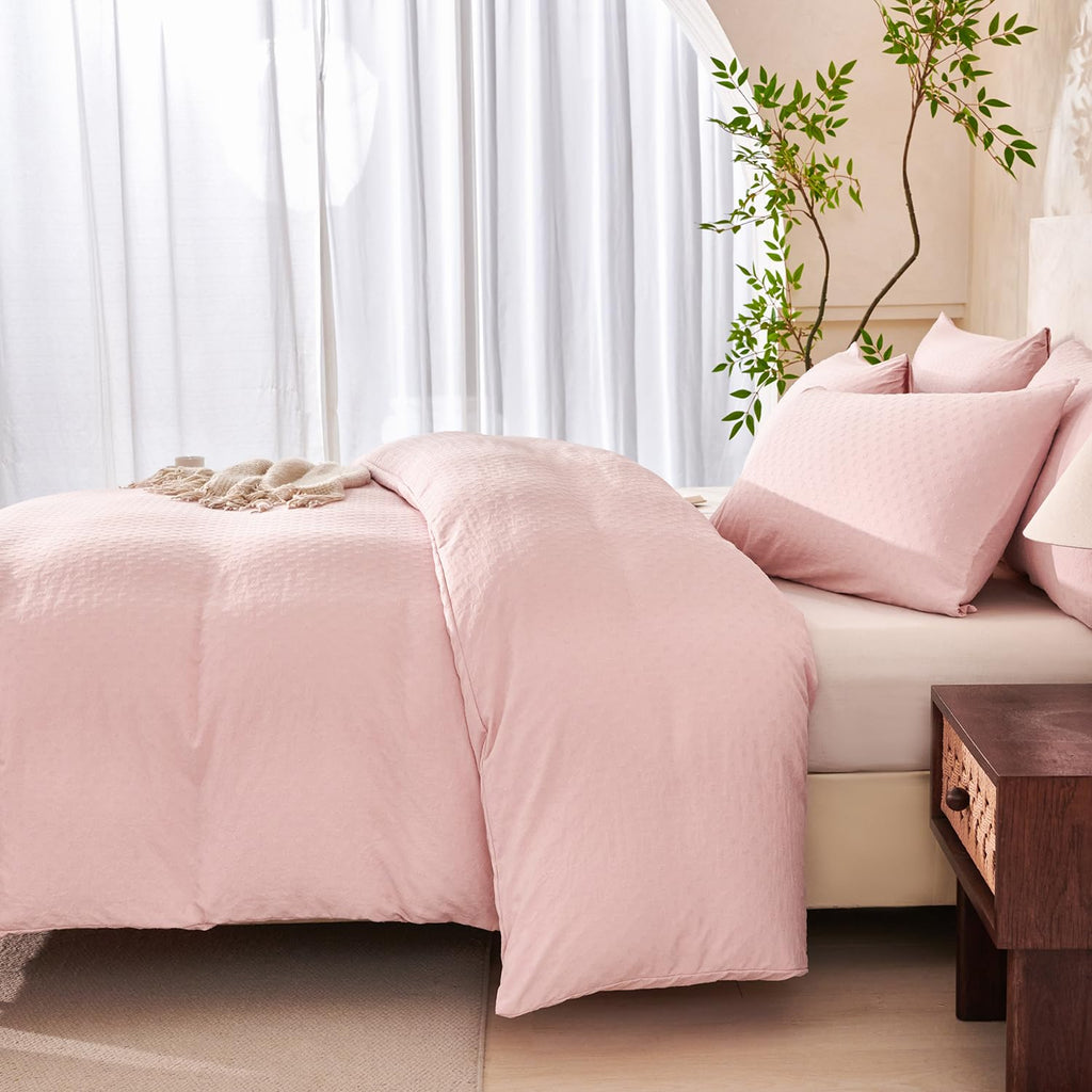 Pink Comforter Set Queen Polka Dot Soft Luxury Washed Microfiber Jacquard 3 Pieces Bedding Set, Pink Polka Dot