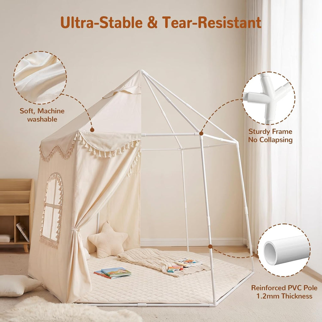 Extra Large Kids Play Tent Indoor 59x51in: Castle Tent with Mat Light Flags