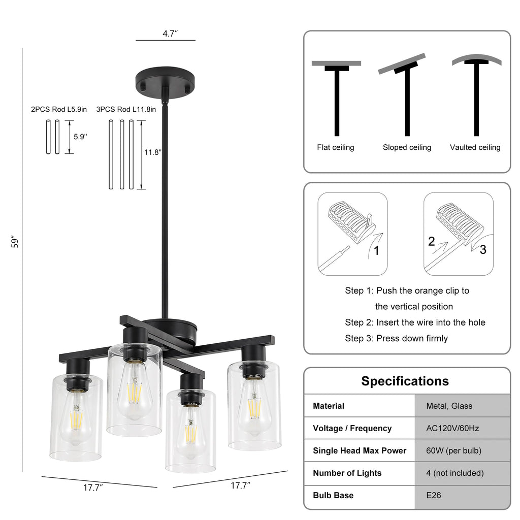 4-Light Modern Farmhouse Black Chandelier, Dining Room Light Fixture Over Table Adjustable Height Hanging Industrial