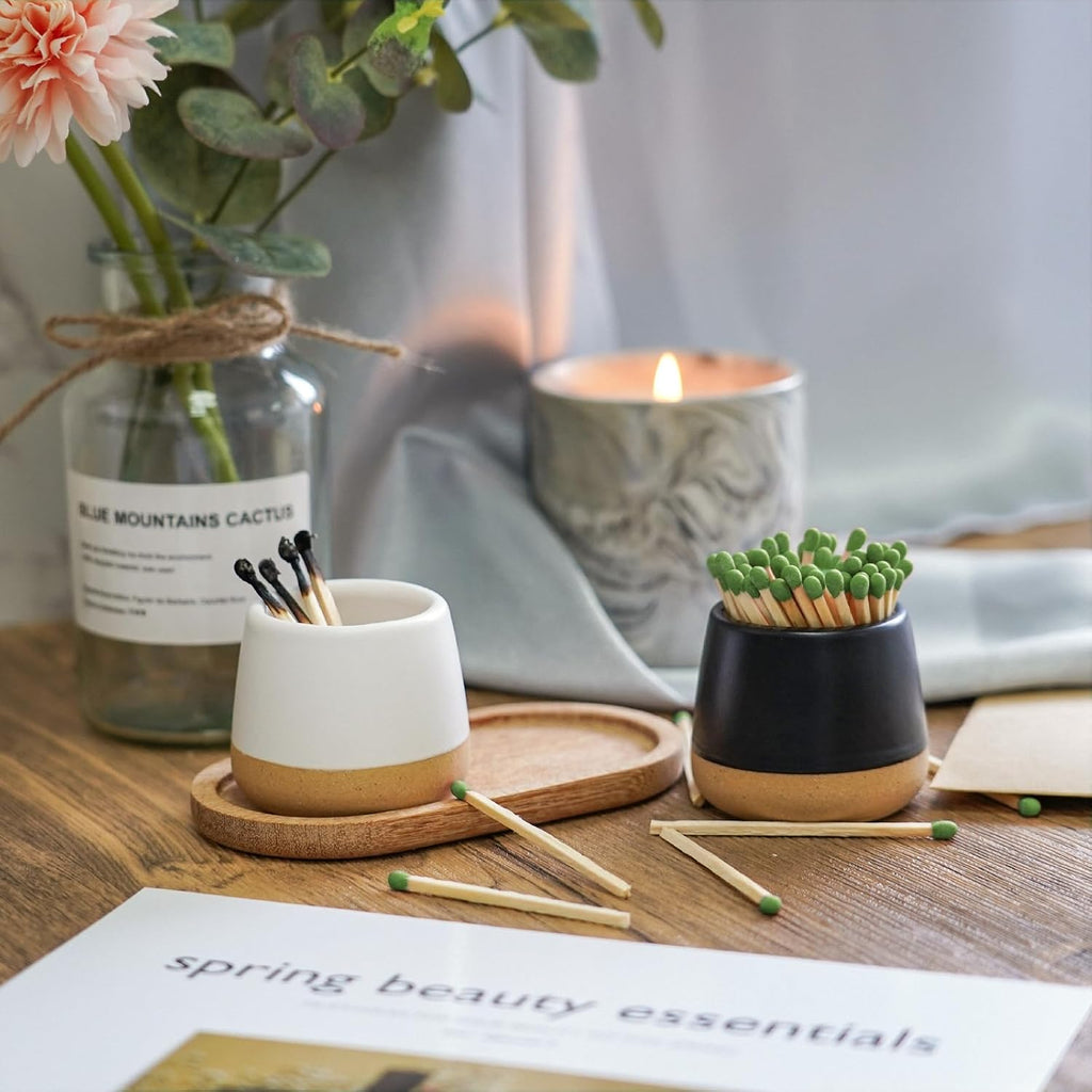 Ceramic Match Holder with Striker - Match Container With Wooden Tray Matchstick Holder Bathroom Candle - Set of 2