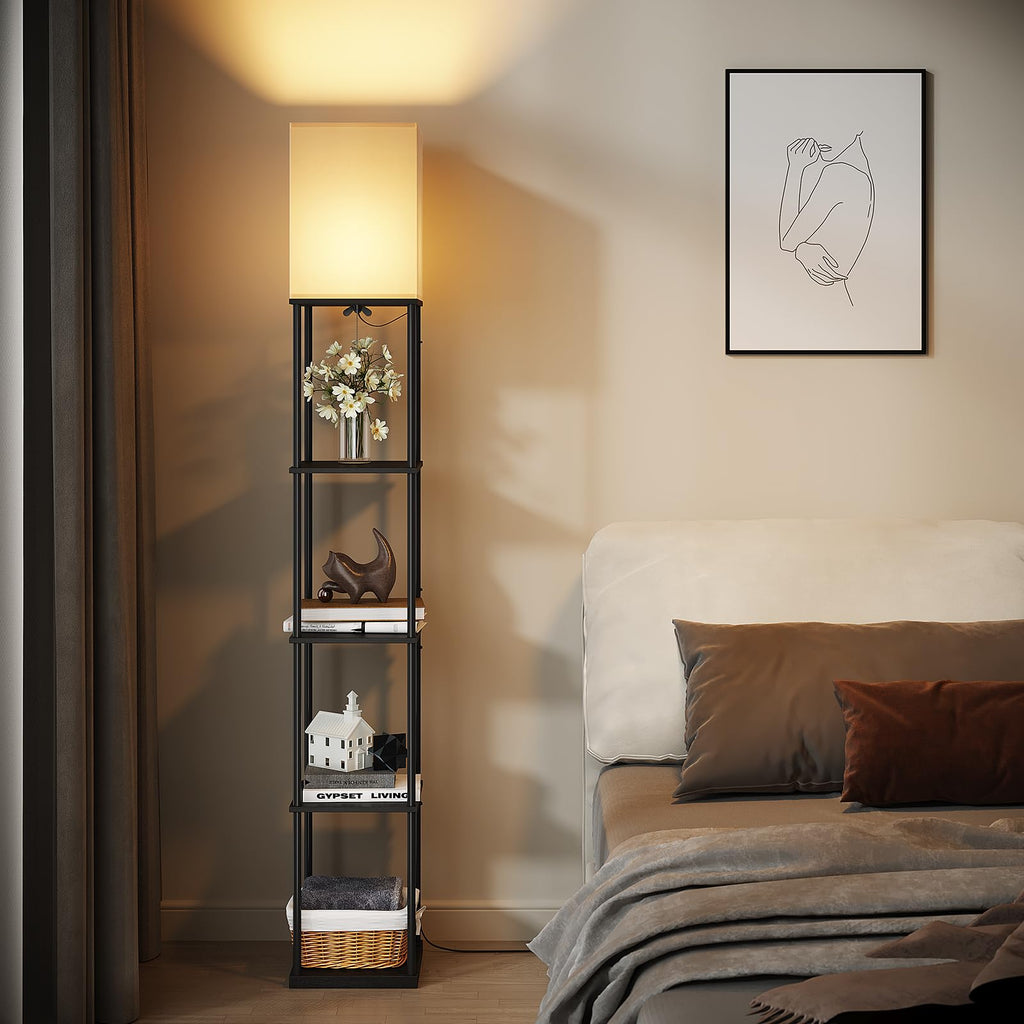 5 Tier Floor Lamp with Shelves, Modern Square Standing Lamp with 3 Color Temperature Bulb, Corner Display Bookshelf