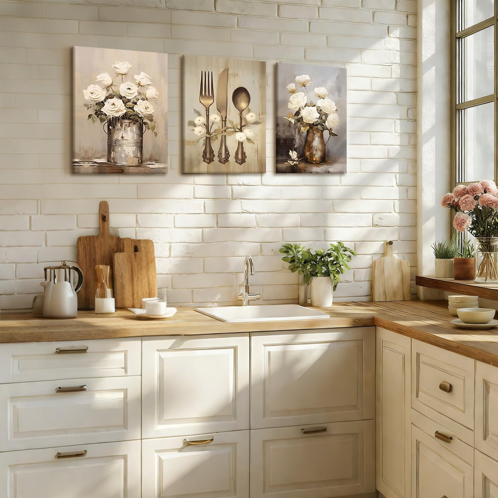 3 pcs Vintage Floral Kitchen Canvas Framed Wall Art 12x16 inch
