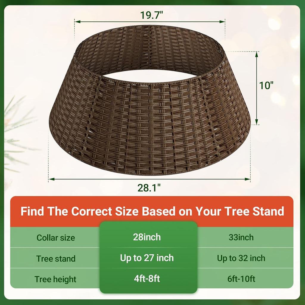 Wicker Christmas Tree Collar for 7.5 ft Trees, 28 Inch Woven Xmas Tree Skirt, Stylish Rustic Farmhouse Basket for