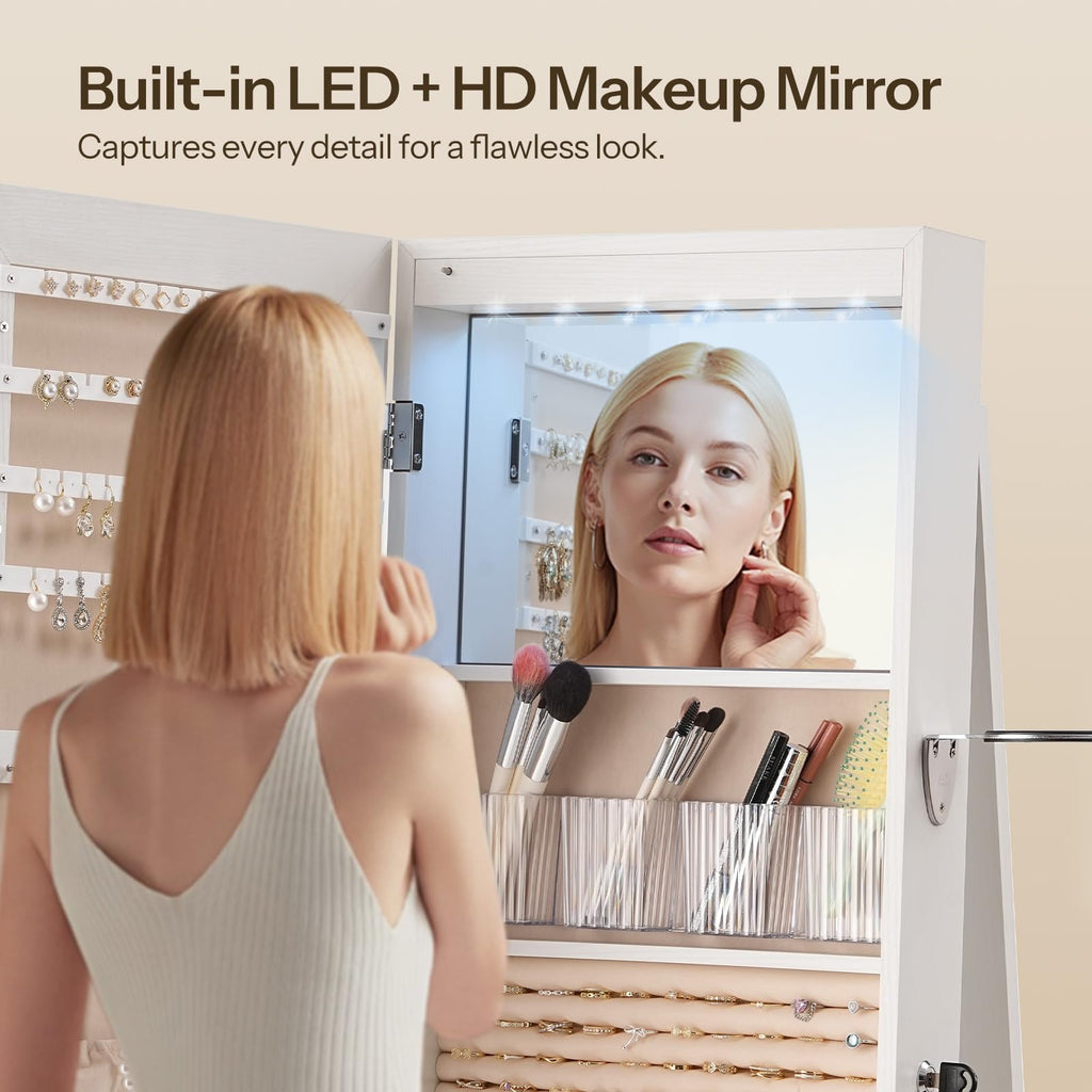 360° Swivel Jewelry Cabinet with LED Lights, Standing Jewelry Armoire with 2 Drawers, Rotatable Full-Length Mirror