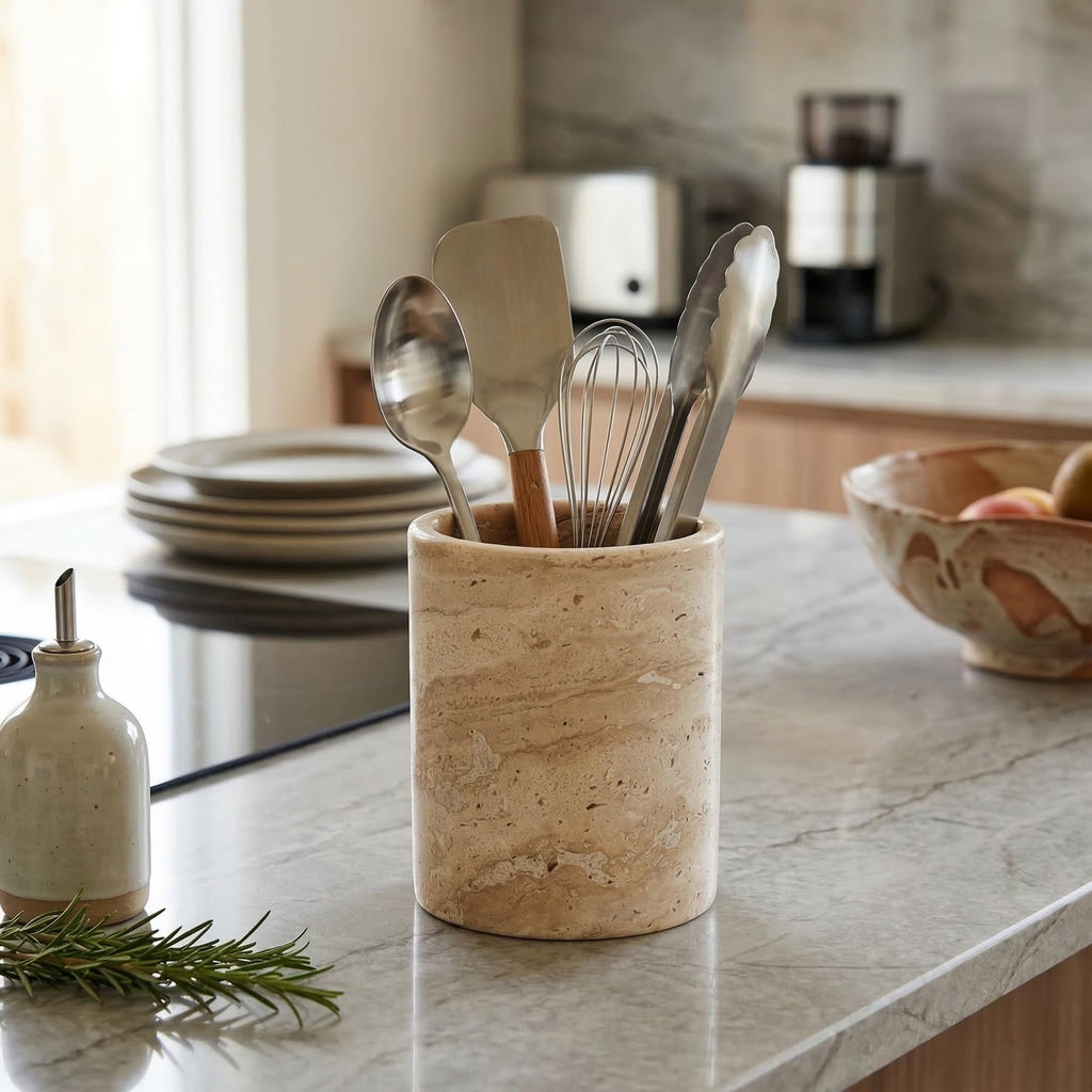 Natural Travertine Utensil Holder Countertop - Heavy & Stable Real Stone Utensil Crock, Large Spoon & Spatula