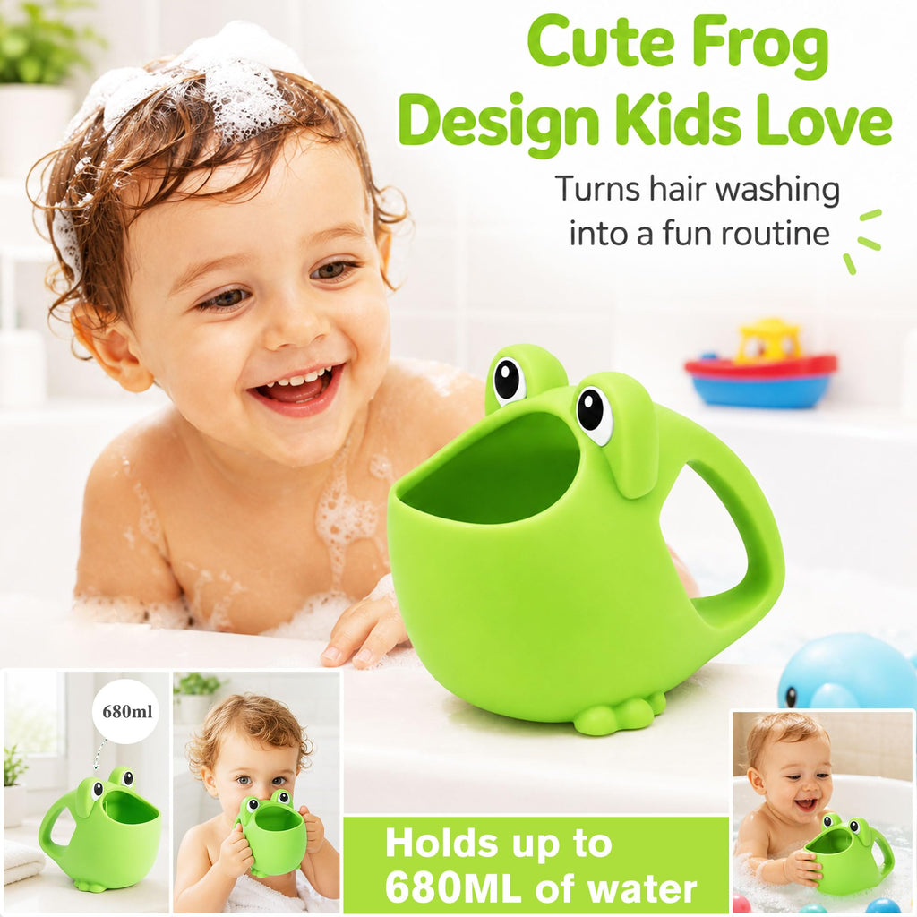 Silicone Baby Rinser Cup Frog Waterfall Bath Hair Rinse Cup, Green